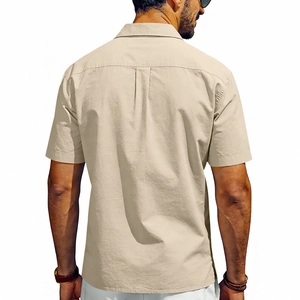 Men's casual beige short sleeve shirt featuring back box pleat detail and textured fabric