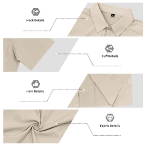 Detailed close-up of neck, cuffs, hem and fabric texture on a beige utility shirt