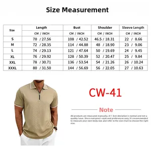 Detailed size chart for men's jacquard short sleeve polo shirt with zipper neckline