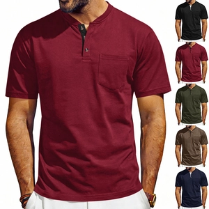 Men's casual cotton Henley short sleeve shirt with chest pocket in five colors
