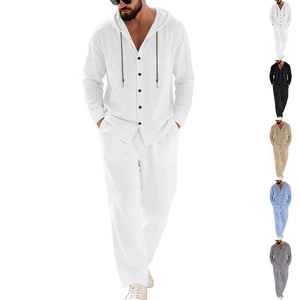 Herren Casual Leinen Set Zweiteiler Kapuzenhemd Mit Knöpfen Langarm Und Gerade Lange Hose Strandurlaub Anzug