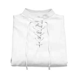 Detail of white cotton linen Henley shirt with lace-up V-neck and metal eyelets