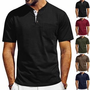 Men's retro waffle knit Henley t-shirt with chest pocket and contrast color button placket