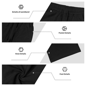 Detailed views of men's linen beach trousers featuring drawstring waist and side pockets
