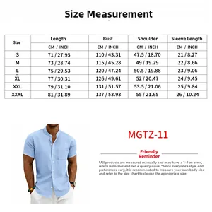 Men's linen shirt size chart from S to XXXL with measurements in CM and INCH