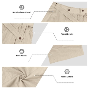 Vues détaillées du pantalon en lin beige avec taille élastique, poches et texture du tissu