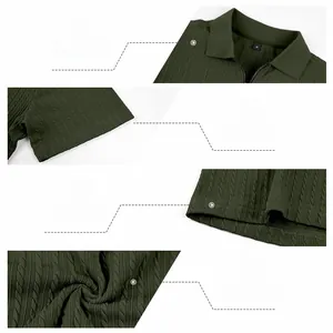 Close-up of olive green polo shirt featuring vertical cable knit texture and zipper neck