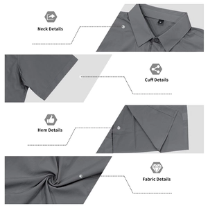 Detail view of grey short sleeve shirt showing neck, cuff and stretch fabric texture