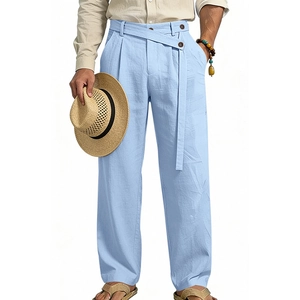 Detail of light blue linen blend trousers showing the unique waist belt and double button