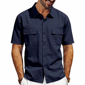 Detail view of navy blue cargo short sleeve shirt with symmetric chest flap pockets
