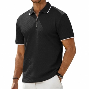 Detail of black polo shirt with silver zipper neck and white contrast striped sleeves