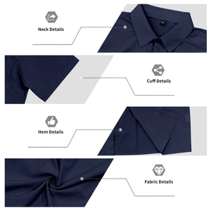 Detail view of dark blue shirt showing collar, cuffs, hem and breathable fabric texture