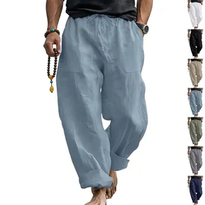 Men's loose linen trousers with drawstring waist and seven color options available