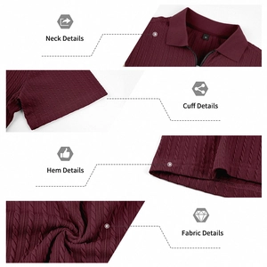 Detailed close-up of burgundy polo shirt texture with quarter zip collar and knit fabric