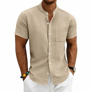Men's casual linen short sleeve shirt with stand collar and pocket in apricot beige color