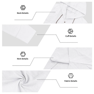 Vues détaillées du tissu en lin blanc, du col à cordon et des coutures de l'ourlet