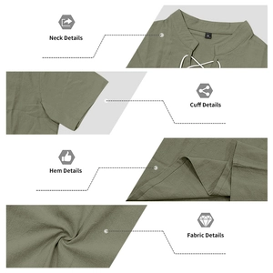 Dettaglio della camicia in cotone lino verde oliva con colletto stringato e trama tessuto