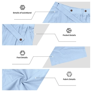Vue détaillée du pantalon d'homme en lin bleu clair montrant la taille élastique et le tissu