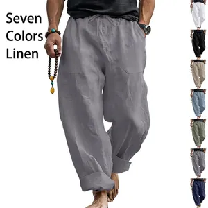 Mens casual linen beach pants with drawstring waist and loose fit in seven colors