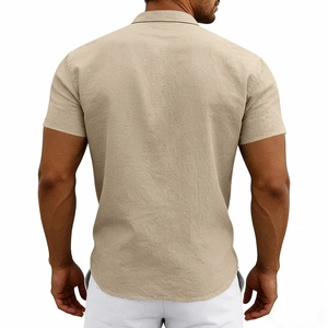 Detail of light khaki linen short sleeve shirt showing back view and fabric texture