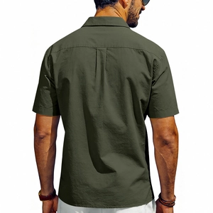 Rear view of olive green work shirt showing breathable fabric and back pleat detail