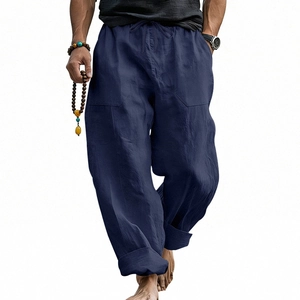 Men's loose linen trousers in navy blue with drawstring waist and large side pockets