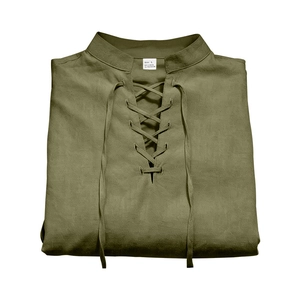 Detail view of olive green linen Henley shirt with lace-up collar and fabric texture