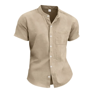 Detail of khaki men's linen shirt showing mandarin collar and textured cotton fabric
