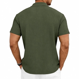 Detail of army green knit polo shirt featuring unique vertical textured cable patterns