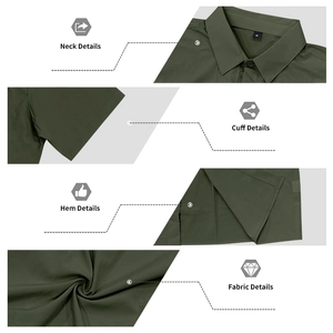 Detail view of dark green men shirt showing collar, sleeve cuff, and ripstop fabric texture