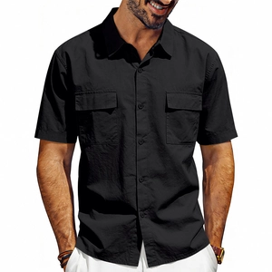 Close-up detail of double chest pockets on black cargo short sleeve polo shirt for men