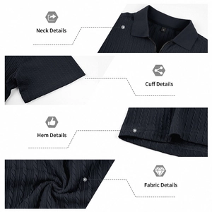Detail view of navy polo shirt featuring textured knit fabric and zip collar design
