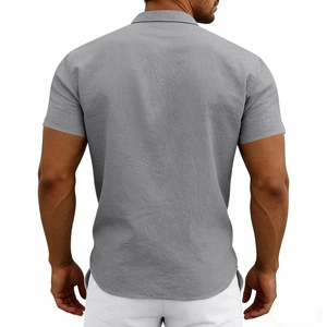 Detailed back view of a dark grey men's linen shirt showing premium fabric texture