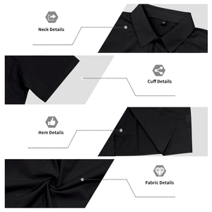 Detail view of black cargo polo shirt showing collar, cuffs, hem and stretchy fabric
