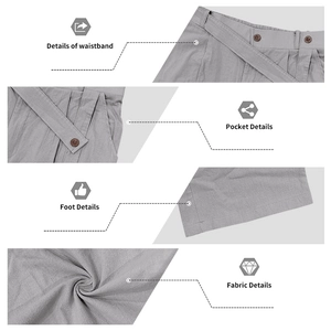 Détails du pantalon en lin gris clair montrant la taille élastique, poches et texture du tissu