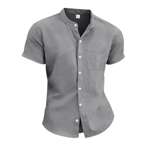Detailed macro view of the stand collar and grey linen fabric texture of a men shirt
