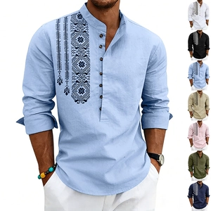 Men's loose linen henley shirt with long sleeves and bohemian ethnic print design