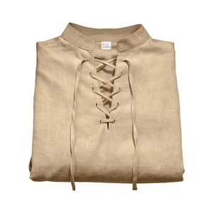 Detail of beige linen blend fabric texture and lace-up Henley neckline on a shirt