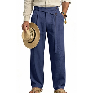 Detail view of navy blue linen blend pants featuring a unique wrap-around belted waist design