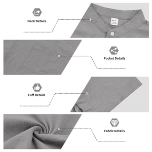 Detail showing grey linen blend fabric texture with stand collar and button closure