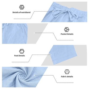 Détail du pantalon en lin bleu clair montrant la taille coulissante, les poches et le tissu