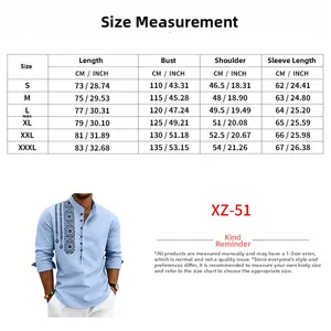 Detailed size chart for Men's Bohemian linen long sleeve Henley shirt with size measurements