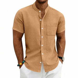 Men's loose linen short sleeve shirt with band collar and chest pocket in khaki color