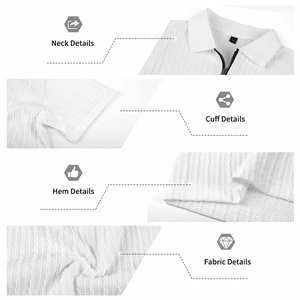 Detail view of white polo shirt featuring zippered neckline and textured waffle fabric
