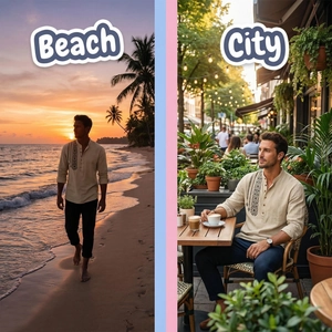 Men's linen Henley shirt detail showing ethnic embroidery in beach and city settings