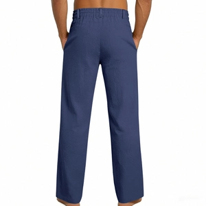 Rear view of navy blue linen straight-leg trousers with elastic waistband for men