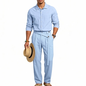 Ensemble chemise manches longues et pantalon en lin bleu clair pour homme avec boucle