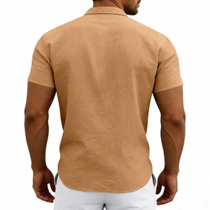 Detail of the back of a men's linen short sleeve shirt in khaki with curved hem