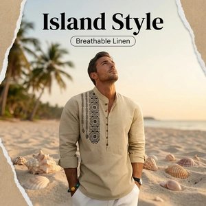 Close-up of geometric ethnic embroidery on men's breathable linen Henley shirt