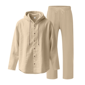 Détails de l'ensemble décontracté en lin avec cordon de serrage et texture du tissu